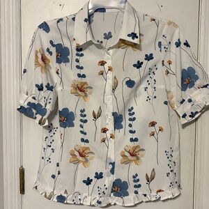 SHEIN Floral Print Blouse - White and Blue